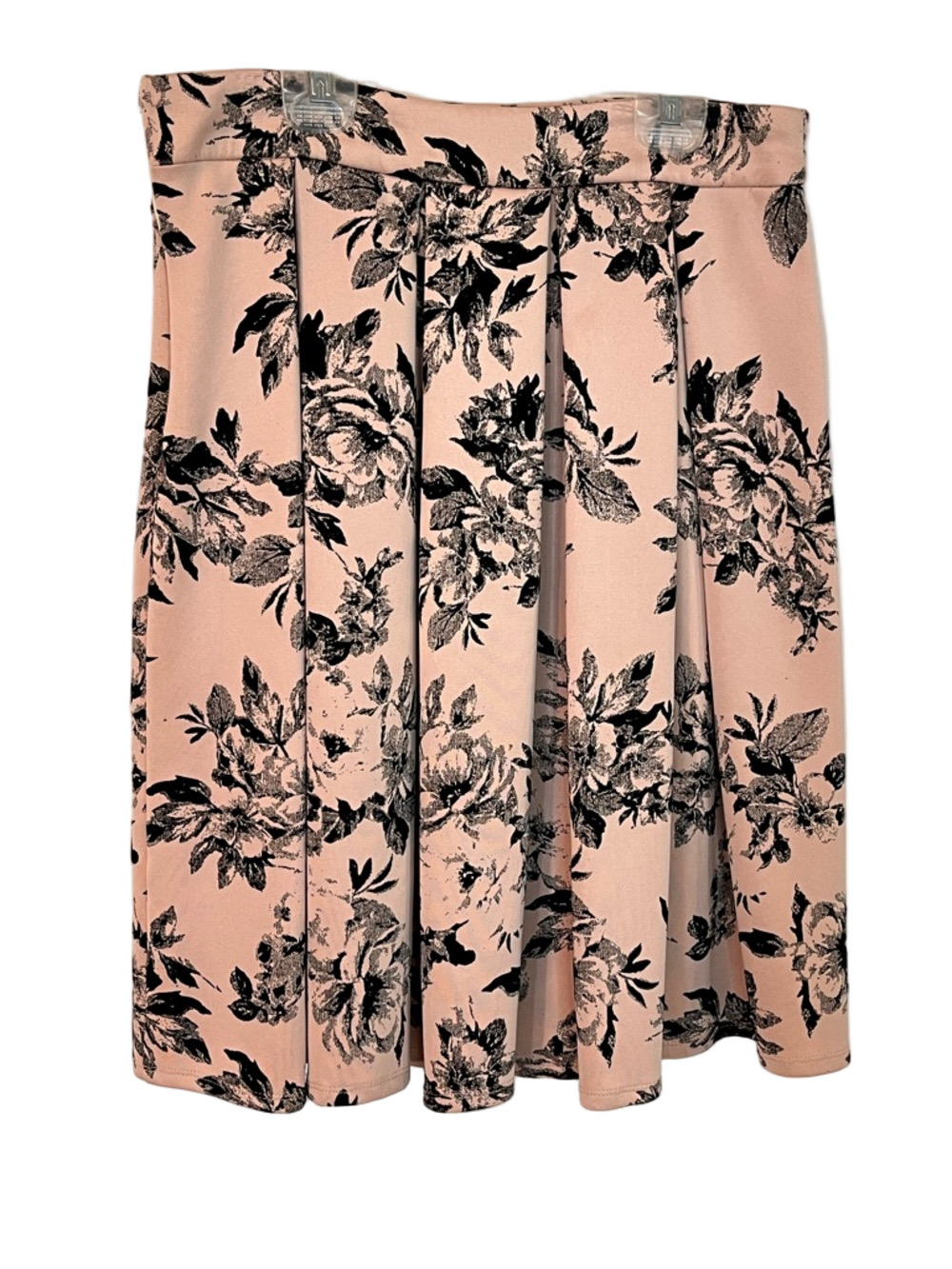 Faith and Joy Black Floral Pleated Scuba Midi Skirt Blush Pink Medium Coquette